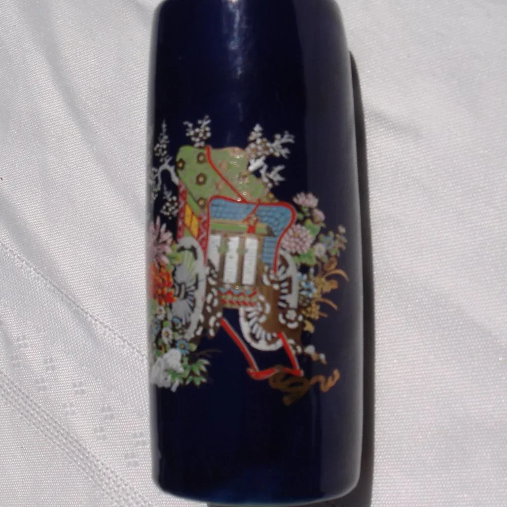 Blue Bud Vase Japan Vintage Porcelain Glass Gold Leaf Home Decor Small Vases VTG - Picture 8 of 10